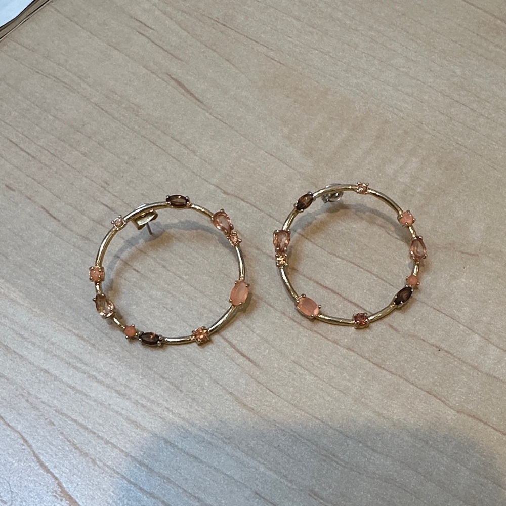 Anthropologie Gold and Pink Gemstone Hoop Earrings
